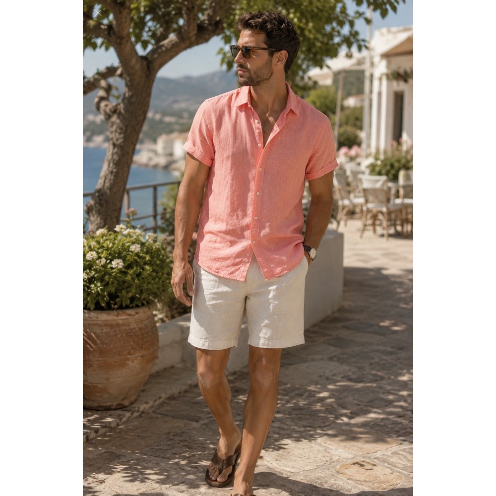 Perry Ellis Coral Pink Linen Cotton Short Sleeve Button Down Shirt XL